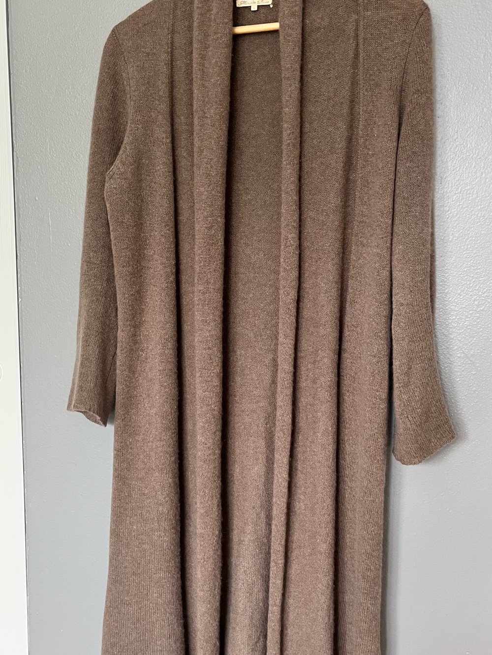 Cashmere Minnie Rose Taupe Long Open-Front Knit Cardigan Dress